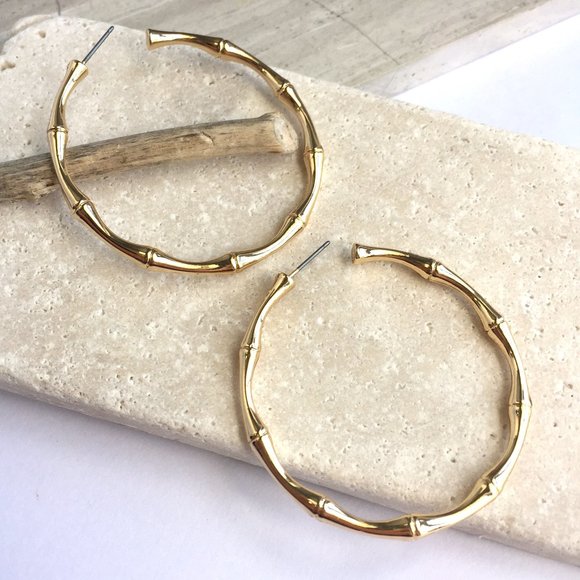 Large Bamboo Gold Hoop Earrings ~ NEW - Picture 3 of 4